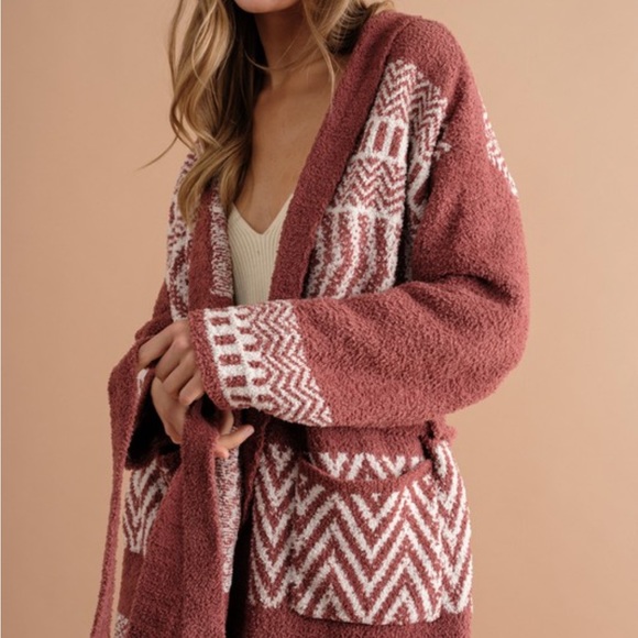 82. CLEARANCE Last 1! Soft pocket Burnt Red/light burgundy Aztec belted cardigan - Picture 6 of 12